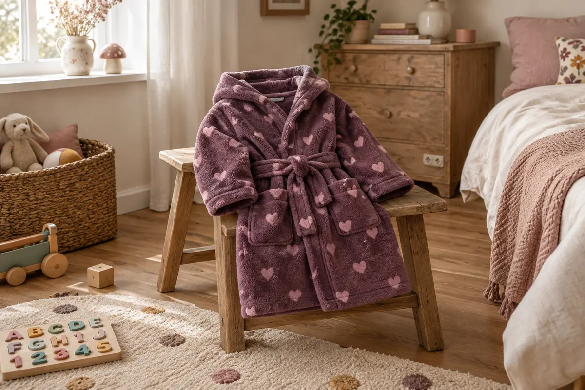 Robe de chambre d’enfant posée dans une chambre, avec manches ajustées et ourlet dégagé du sol