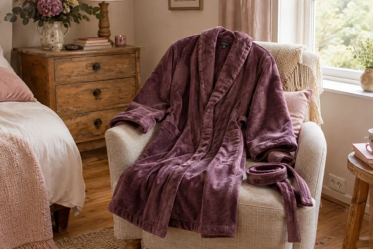 Robe de chambre féminine posée sur un fauteuil, avec sa ceinture et ses manches bien visibles