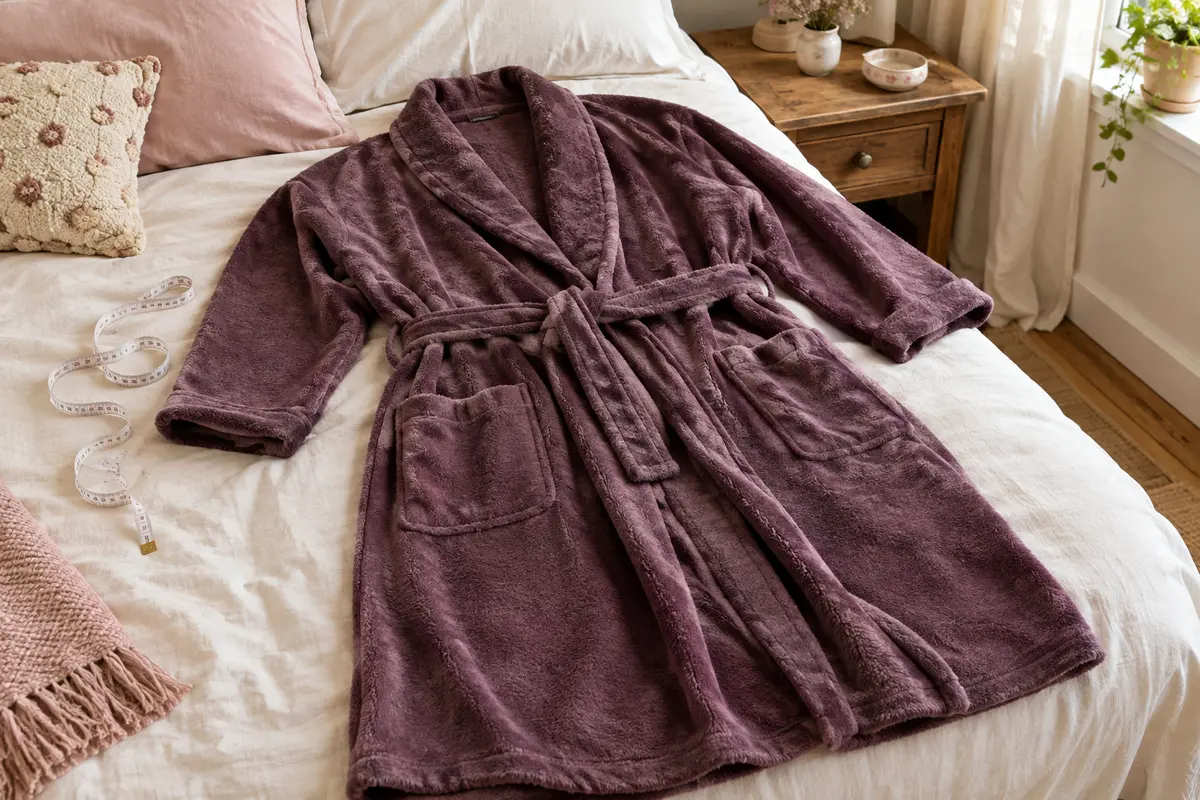 Robe de chambre ample posée à plat avec un mètre ruban pour vérifier ses dimensions