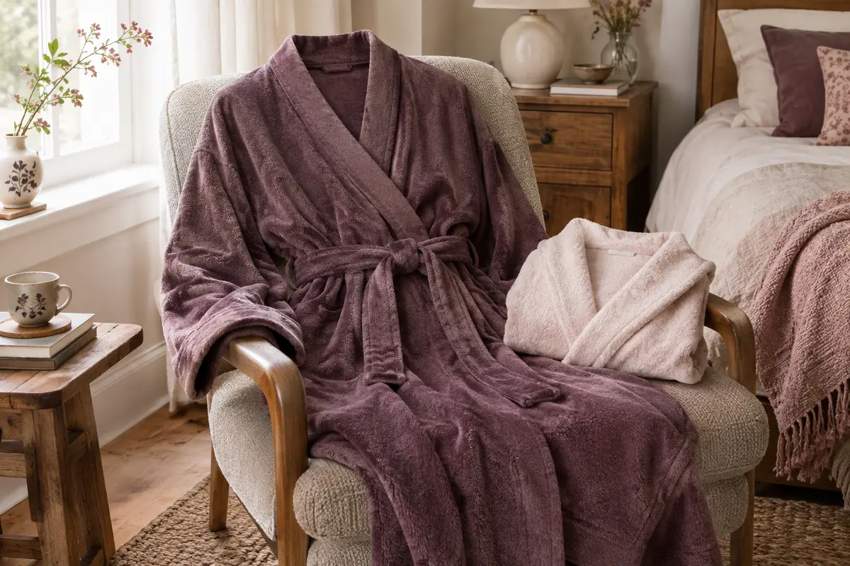 Deux robes de chambre aux cols différents, l’une kimono et l’autre à revers châle, posées sur un fauteuil.