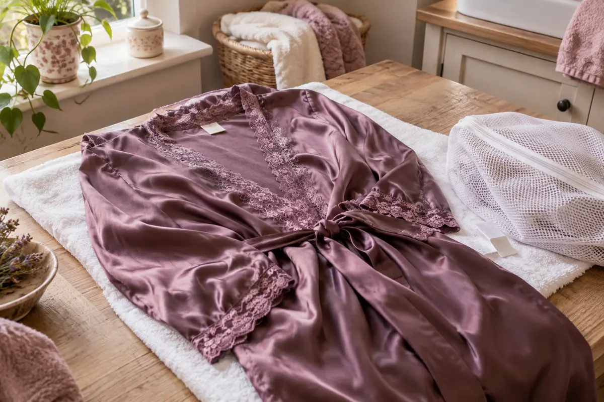 Déshabillé satiné avec dentelle posé près d’une serviette et d’un filet de lavage