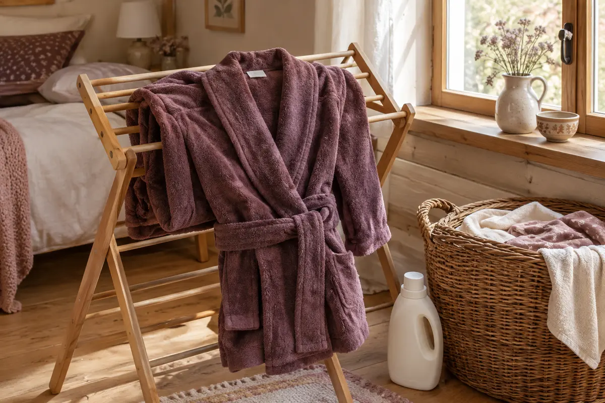 Robe de chambre en coton étendue sur un séchoir près d’un panier de linge.