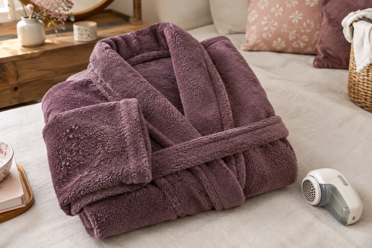 Robe de chambre en polaire pliée avec quelques bouloches visibles et un rasoir textile posé à proximité