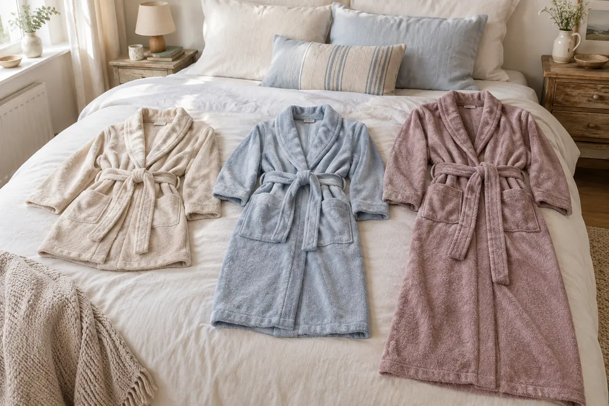 Trois robes de chambre courtes, mi-longues et longues posées côte à côte sur un lit lumineux.