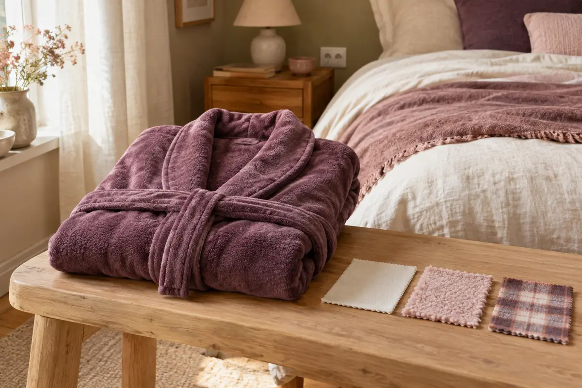 Robe de chambre pliée près d’échantillons évoquant le coton, la polaire et la flanelle