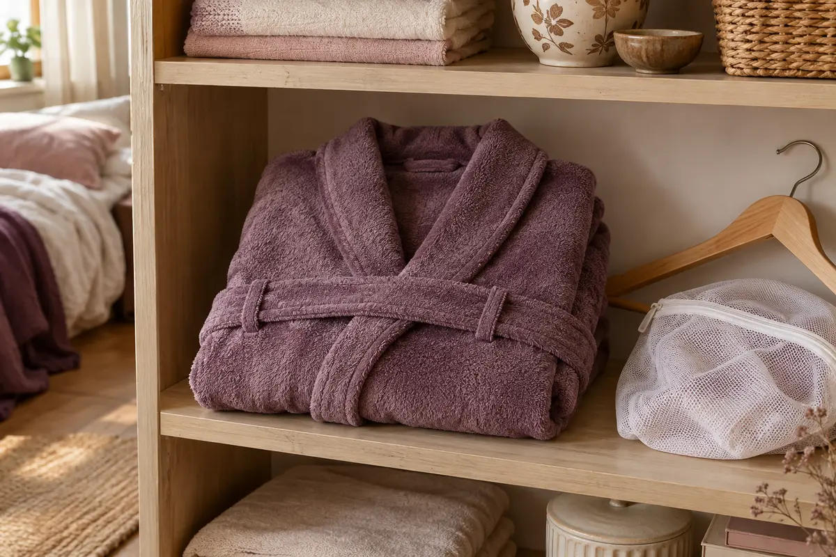 Robe de chambre pliée avec sa ceinture passée dans les passants et rangée à côté d’un filet de lavage