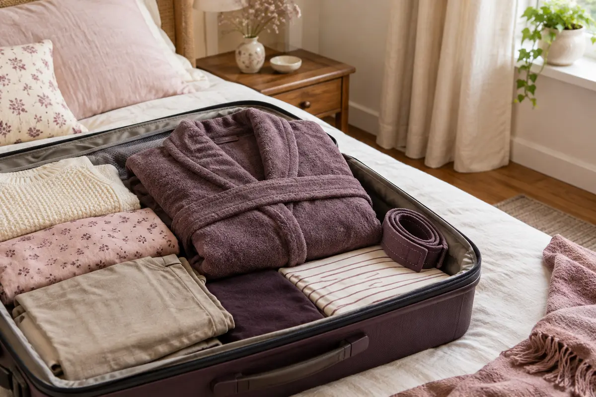 Robe de chambre pliée à plat dans une valise ouverte, avec sa ceinture rangée séparément.