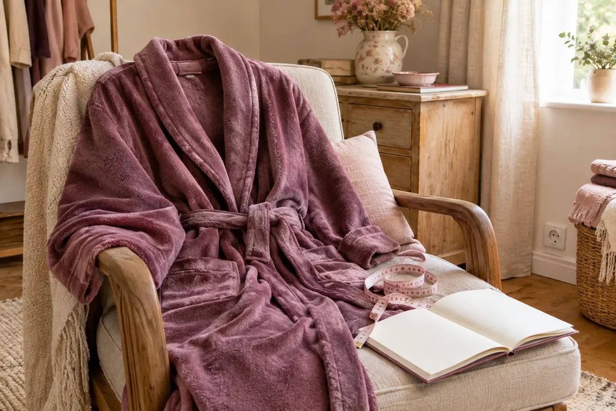 Robe de chambre posée près d’un mètre ruban souple dans un intérieur lumineux et apaisant
