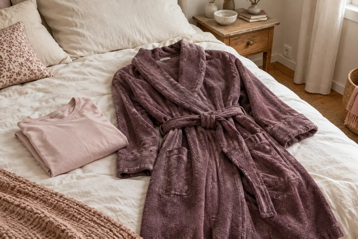 Robe de chambre portefeuille posée sur un lit, avec ses pans croisés et sa ceinture bien visibles