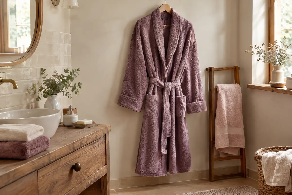 Robe de chambre en éponge suspendue dans une salle de bains, avec sa texture bouclée visible