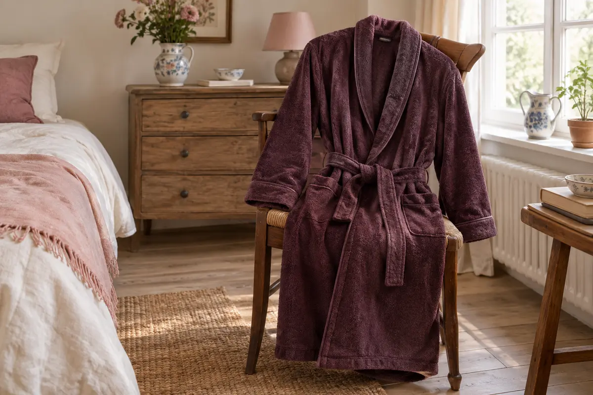 Robe de chambre pour homme posée sur un fauteuil, avec ceinture nouée et manches dégagées.
