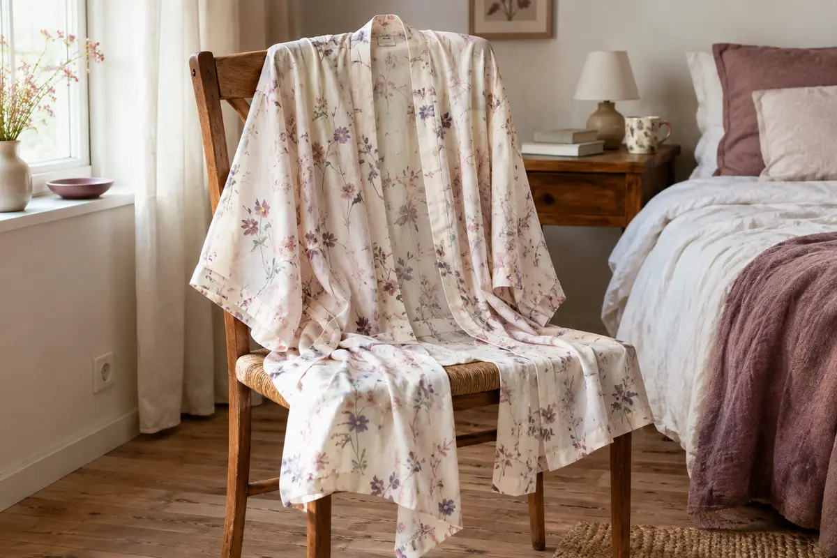 Robe de chambre légère de coupe kimono posée dans une chambre lumineuse, manches et longueur visibles