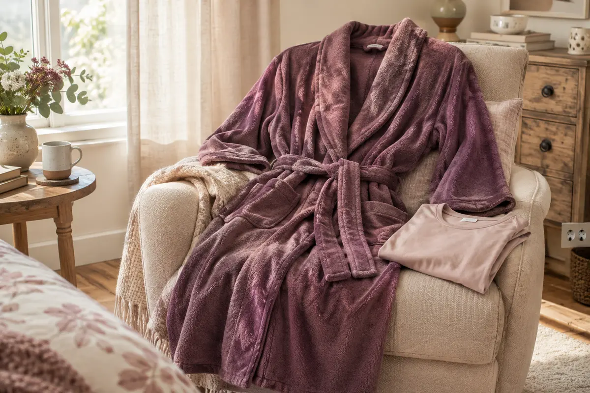 Robe de chambre portefeuille souplement nouée, posée près d’un haut plié dans une chambre lumineuse.