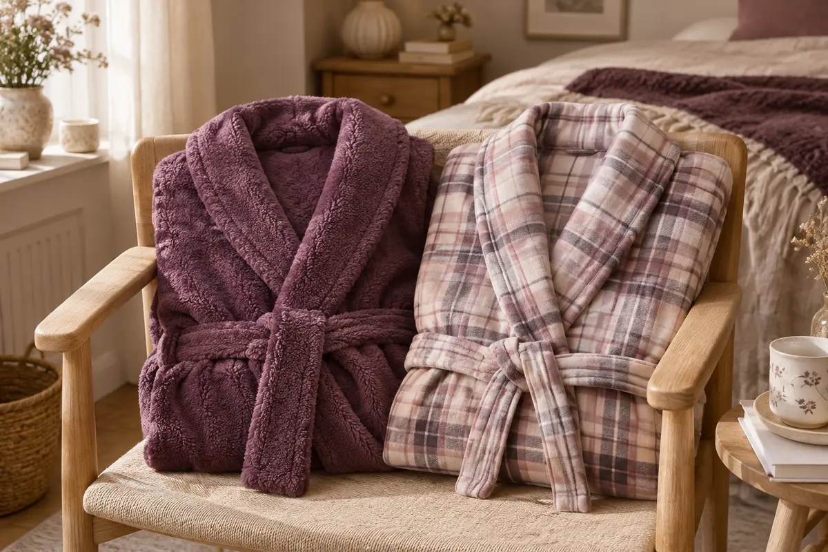 Robe de chambre en polaire duveteuse et modèle en flanelle pliés côte à côte pour comparer leurs textures.