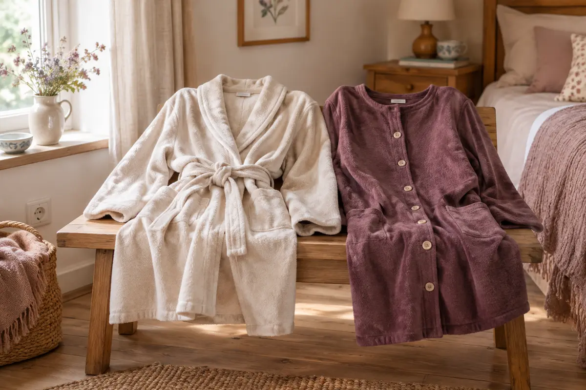 Deux robes de chambre sur un banc, l’une portefeuille à ceinture et l’autre fermée par des boutons.