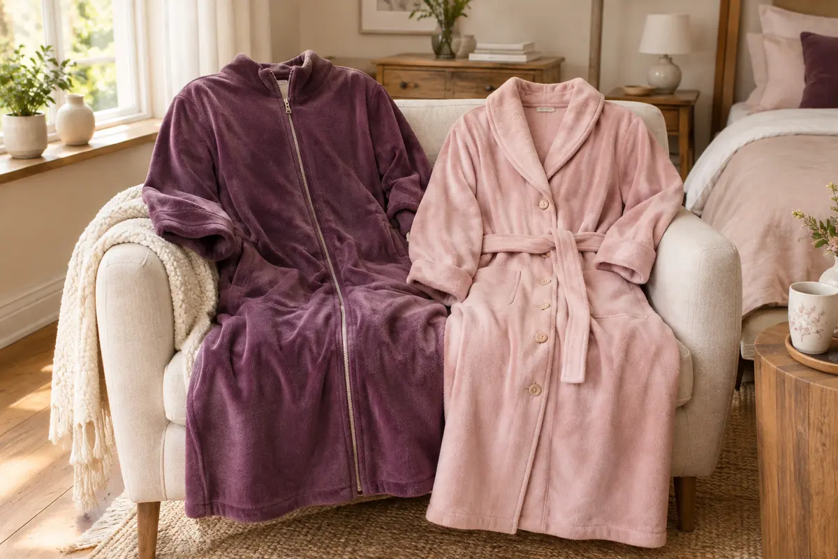 Robes de chambre zippée et boutonnée posées côte à côte, fermetures visibles