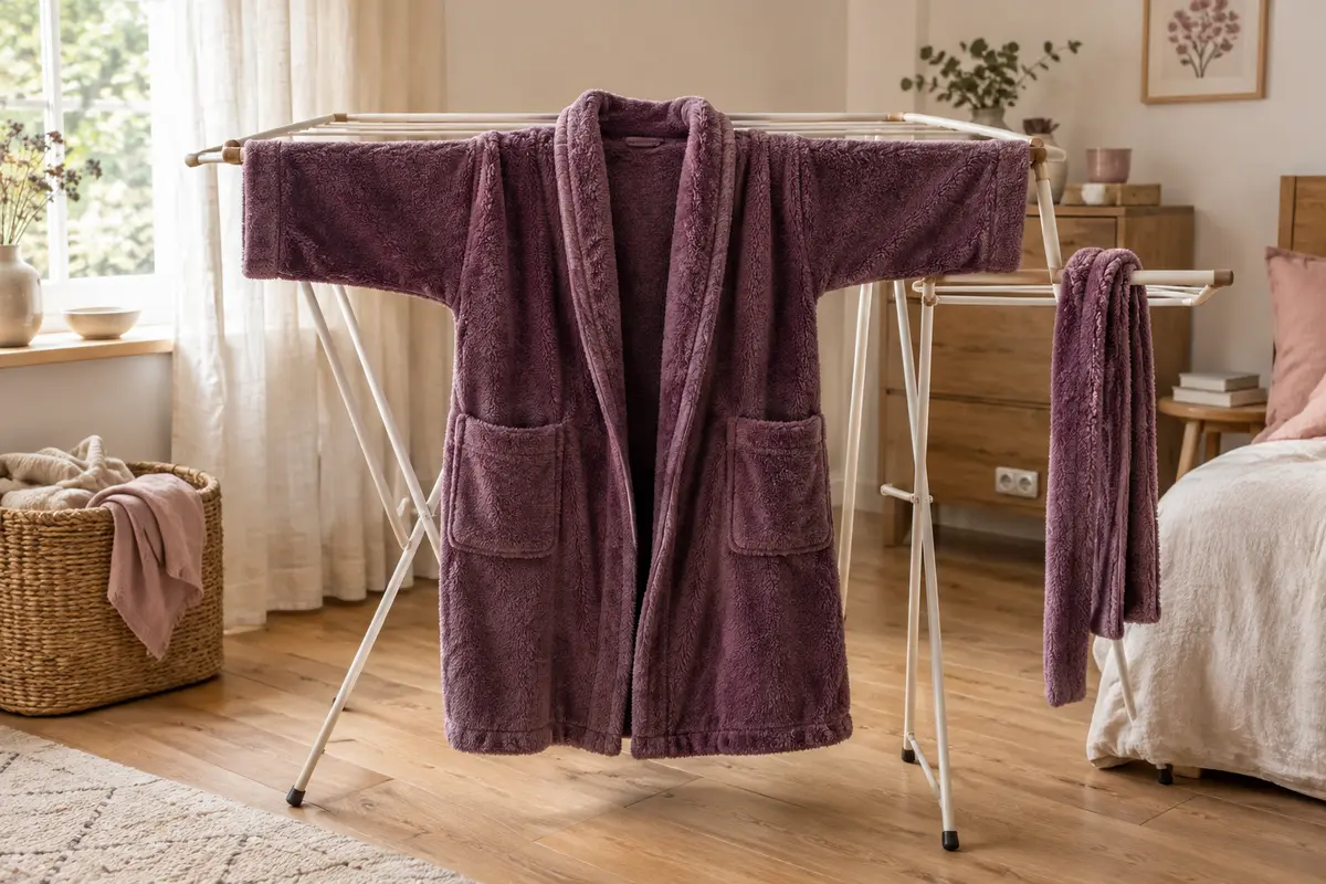 Robe de chambre épaisse étendue sur un séchoir aéré, avec la ceinture séparée pour sécher.