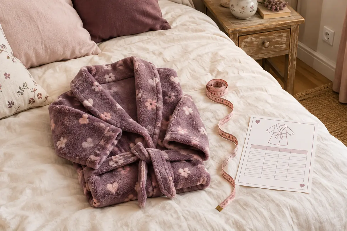 Robe de chambre enfant pliée près d’un mètre ruban et d’un guide de tailles vierge