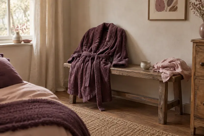 Robe de chambre suspendue dans une chambre paisible, éclairée par une lumière naturelle douce.