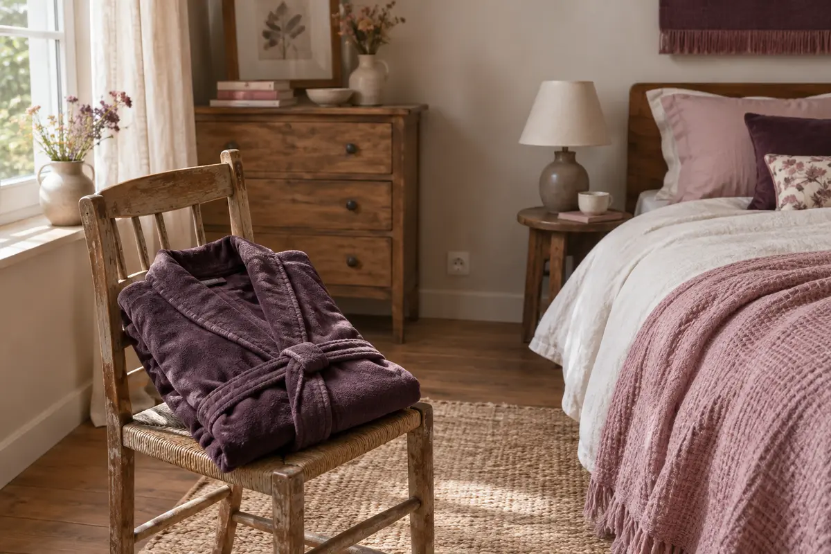 Robe de chambre pliée dans une chambre aux tons crème, prune et brun chaleureux.